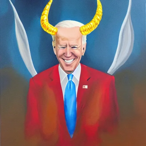 Image similar to a painting of joe biden with devil horns