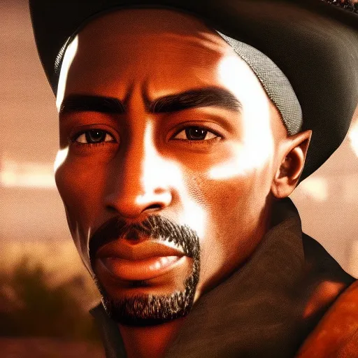 Prompt: Film still of Tupac Shakur, from Red Dead Redemption 2 (2018 video game)