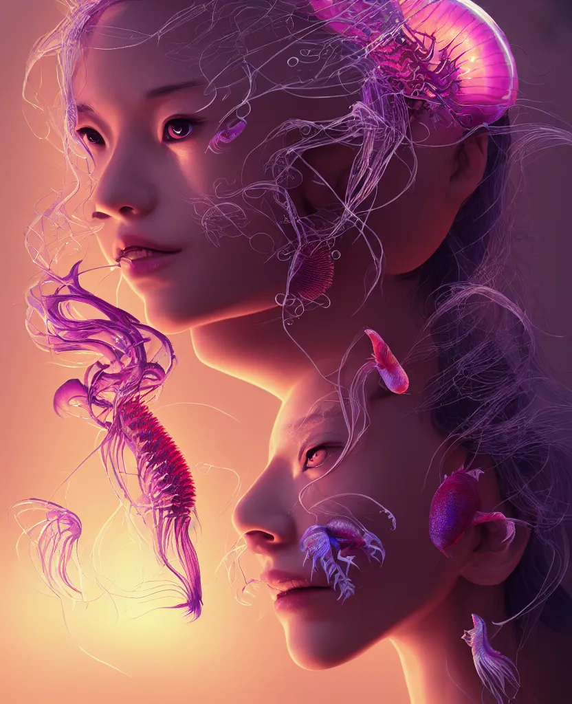 Image similar to beautiful female close-up portrait. orchid jellyfish, deep angler fish, phoenix head, nautilus, skull, betta fish, bioluminiscent creatures, intricate artwork by Tooth Wu and wlop and beeple. octane render, trending on artstation, greg rutkowski, xsullo, very coherent symmetrical artwork. cinematic, hyper realism, high detail, octane render, 8k