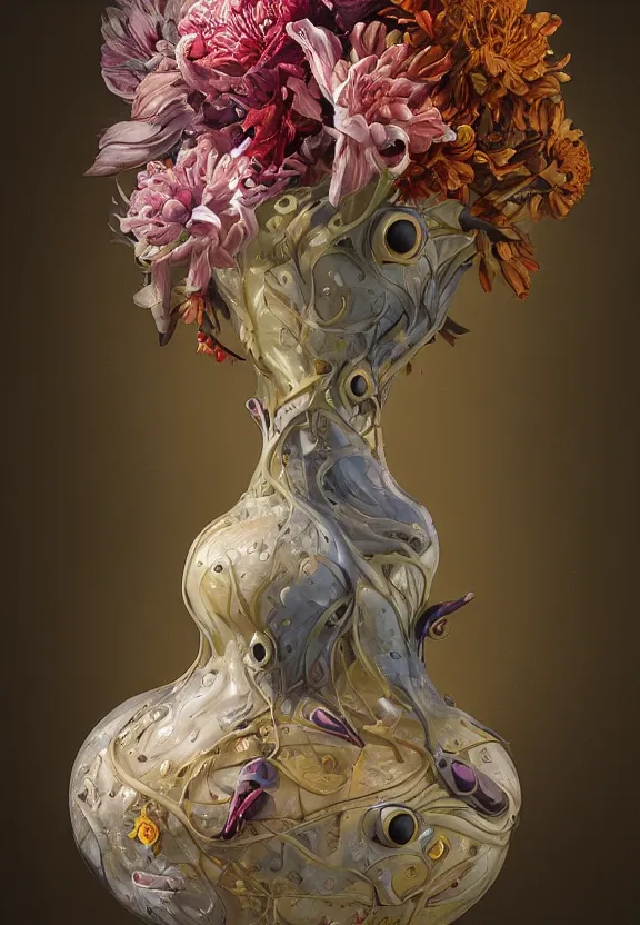 Image similar to biomorphic painting of a vase with flowers and eyeballs, au naturel, hyper detailed, melting plastic, trending in artstation, cinematic lighting, studio quality, smooth render, unreal engine 5 rendered, octane rendered, art style by dorothea tanning and marco mazzoni and ian sprigger and wlop and krenz cushart