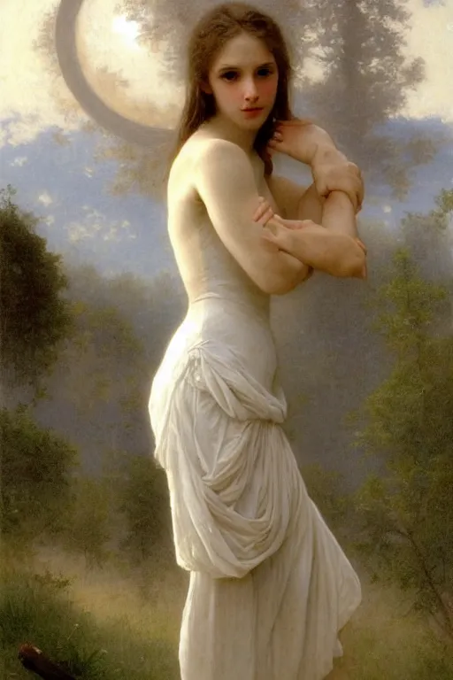 Image similar to portrait of a giant beautiful athletic pale girl, white dress, moonlight, hd, realistic, bouguereau