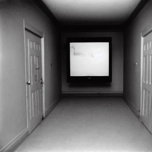 Prompt: Photograph of an old black room with a TV playing an emergency warning, dust in the air, brown wood cabinets, SCP, taken using a film camera with 35mm expired film, bright camera flash enabled, award winning photograph, sleep paralysis demon in corner, creepy, liminal space, in the style of the movie Pulse