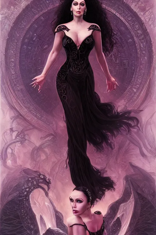 Image similar to ultra realistic illustration, deanna troi as morticia addams from baldurs gate and diablo, intricate, elegant, highly detailed, digital painting, artstation, concept art, smooth, sharp focus, illustration, art by artgerm and greg rutkowski and alphonse mucha