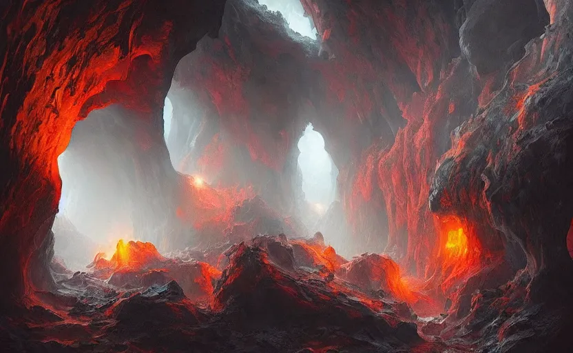 Prompt: an igneous cave interior, lit by magma puddles, ominous, fantasy digital painting, stunning, intricate details, artwork by ross tran and artgerm