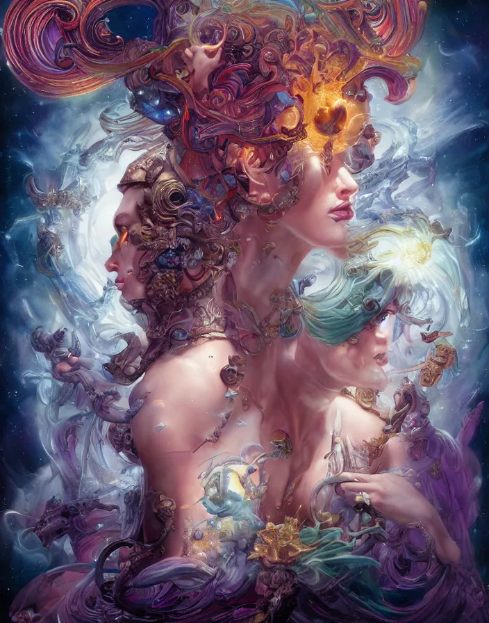 Image similar to beautiful gemini good and evil fantasy female character portrait, highly saturated colors, ultra realistic, wide angle, intricate details, the fifth element artifacts, holographic undertones, highly detailed by peter mohrbacher, hajime sorayama, wayne barlowe, boris vallejo, aaron horkey, gaston bussiere, craig mullins