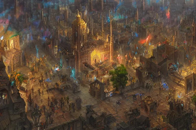 Prompt: an intricate colorful matte painting of An epic stronghold crusader screenshot of bustling city street with festival going on, on the back of a gigantic triceratops, highly detailed iridescent dimly lit exterior with shafts of iridescent light bouncing off magical realms, by Christophe Vacher and Bastien Lecouffe-Deharme, trending on artstation