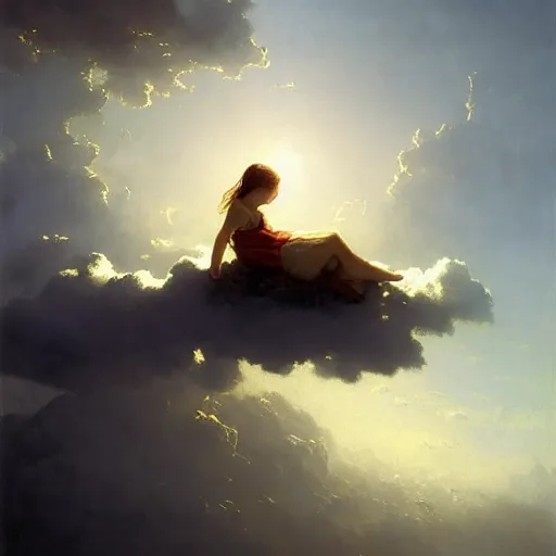 Image similar to girl sleeping on a cloud, beautiful and award winning art, art contest, sharp edges, realistic, impressive colours, by Albert Bierstadt, Jakub Rozalski, 4k