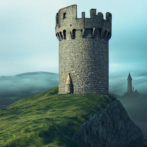 Prompt: a king ruling over a tower of a castle on some hills in england, cinematic, cgsociety, hyper detailed, octane render, unreal engine, foggy, middle of the day, photorealistic