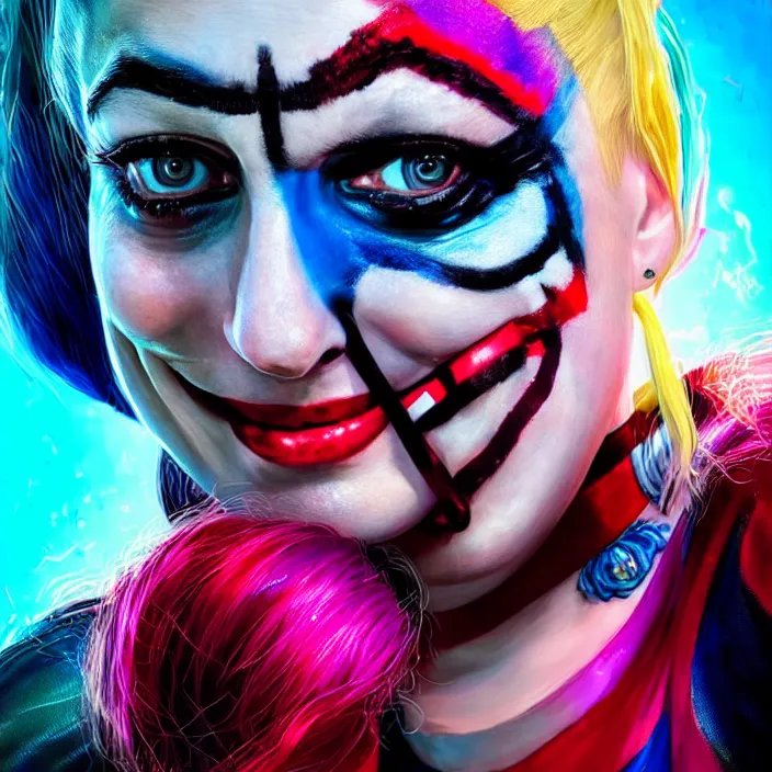 Image similar to portrait of Anne Hathaway as a harley quinn in Suicide Squad. intricate abstract. intricate artwork. by Tooth Wu, wlop, beeple, dan mumford. octane render, trending on artstation, greg rutkowski very coherent symmetrical artwork. cinematic, hyper realism, high detail, octane render, 8k, iridescent accents