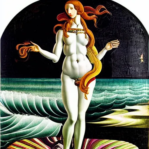 Image similar to the birth of venus gucci versace colorful intense intricate textile chiton himation cloak tunic streetwear cyberpunk modern fashion sandro botticelli