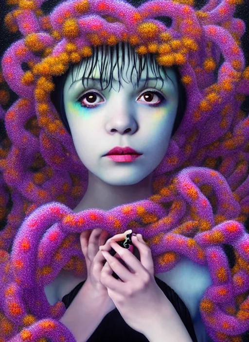 Image similar to hyper detailed 3d render like a Oil painting - kawaii portrait Aurora (ancient black haired flapper girl fae acrobat) seen Eating of the Strangling network of yellowcake aerochrome and milky Fruit and Her delicate Hands hold of gossamer polyp blossoms bring iridescent fungal flowers whose spores black the foolish stars by Jacek Yerka, Mariusz Lewandowski, Houdini algorithmic generative render, Abstract brush strokes, Masterpiece, Edward Hopper and James Gilleard, Zdzislaw Beksinski, Mark Ryden, Wolfgang Lettl, hints of Yayoi Kasuma, octane render, 8k