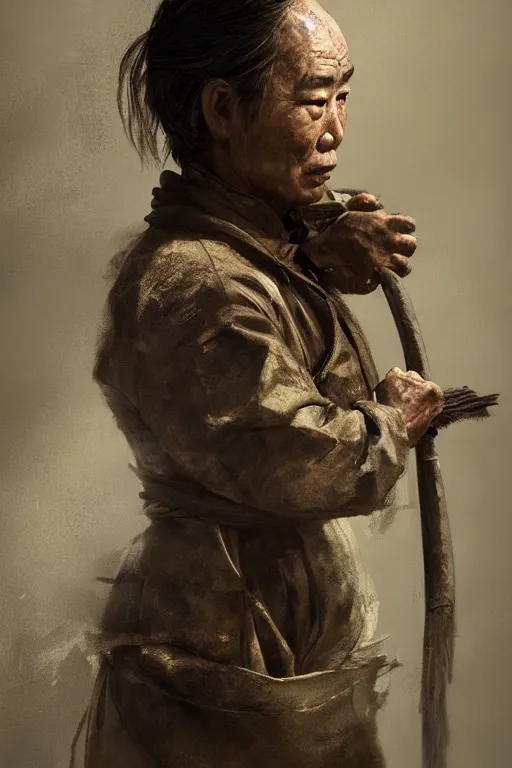 Image similar to Japanese blacksmith, portrait, poor, intricate, elegant, volumetric lighting, scenery, digital painting, highly detailed, artstation, sharp focus, illustration, concept art,ruan jia, steve mccurry