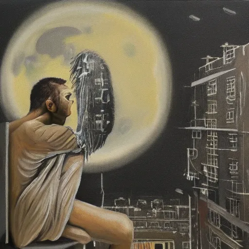 Image similar to minimalist oil on painting of time flying by with moonlight sorrows in barbes rochechouart, regrets, melancholy, absent father, odissey, gritty feeling, moon, moonlight, at night, wandering in the city, stone, chaotic punk, oil painting, by francis bacon, by beksinski, by kurosawa, by kiarostami, intense emotion