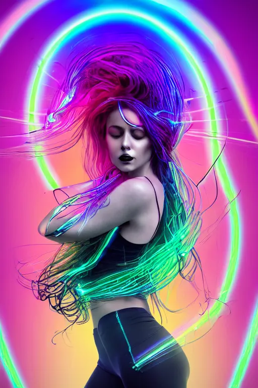 Image similar to a award winning half body portrait of a beautiful woman with stunning eyes in a croptop and leggings with rainbow colored ombre hairstyle head in motion and hair flying while dancing by thomas danthony, surrounded by whirling illuminated lines, outrun, vaporware, shaded flat illustration, digital art, trending on artstation, highly detailed, fine detail, intricate