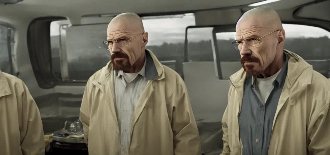 Prompt: cinematic still of scarlett johansson as walter white in breaking bad tv series