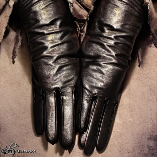 Image similar to gloves with metal claws, old leather gloves with attached talons, pointy fingertips, dark background, highly detailed, 8 k, trending on artstation, mystic, rpg artwork, by peter jackson, by sauron