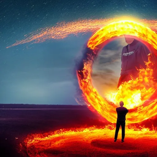 Prompt: a man facing a giant circle of fire in the sky