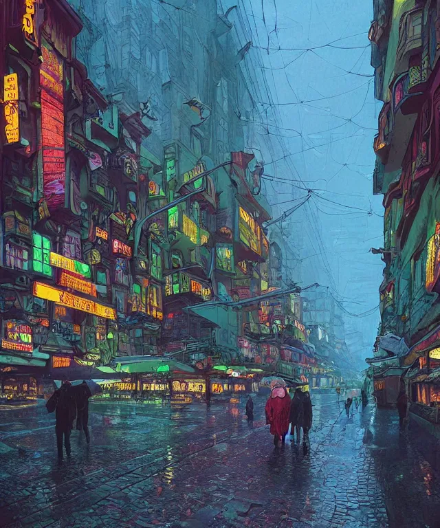 Image similar to insane perspective of colorful street vue from cyberpunk prague, intricate details, realistic shaded , humid ground, highly detailed, artstation, painting by François Schuiten and moebius, disney fantasy style, people and creatures walking, volumetric light, neon lights, rainy mood