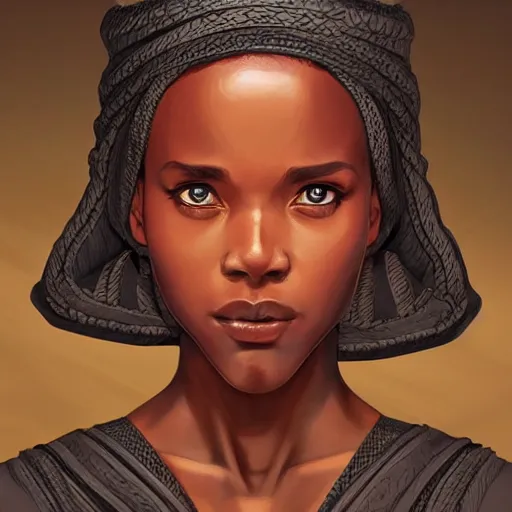 Prompt: black germanic, irish female, jedi master, wearing the traditional jedi robe, beautiful and uniquely odd looking, detailed symmetrical close up portrait, intricate complexity, in the style of artgerm and ilya kuvshinov, magic the gathering, star wars art