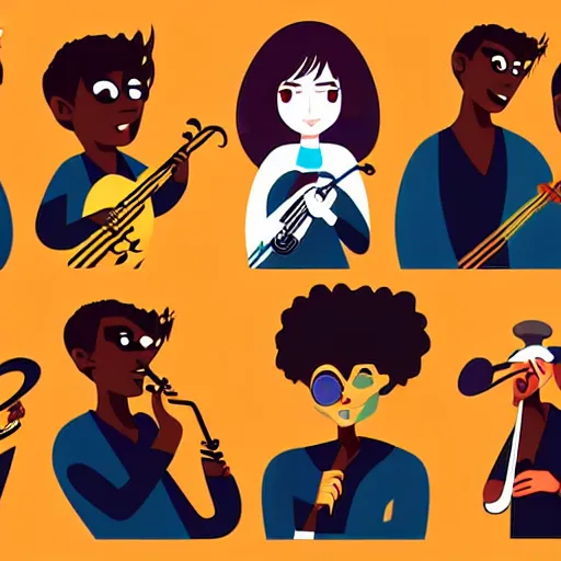 Image similar to 2 d character design, music group, vector art, digital art, portrait, 4 k, 8 k, sharp focus, smooth, illustration, concept art, jazz band