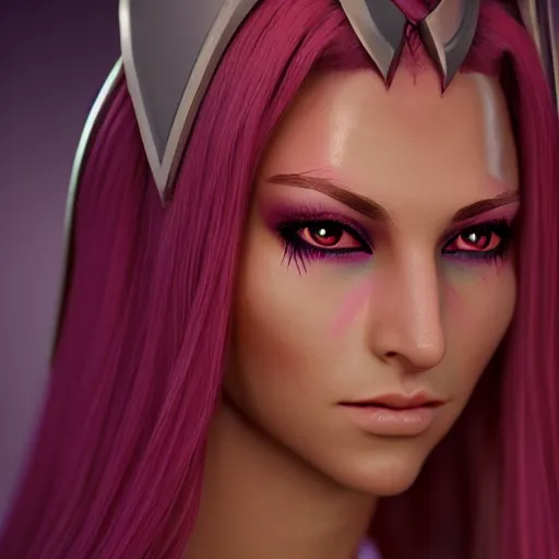 Image similar to portrait of a beautiful female high elf, tan skin, magenta eyes 3 d octane render trending on art station 8 k