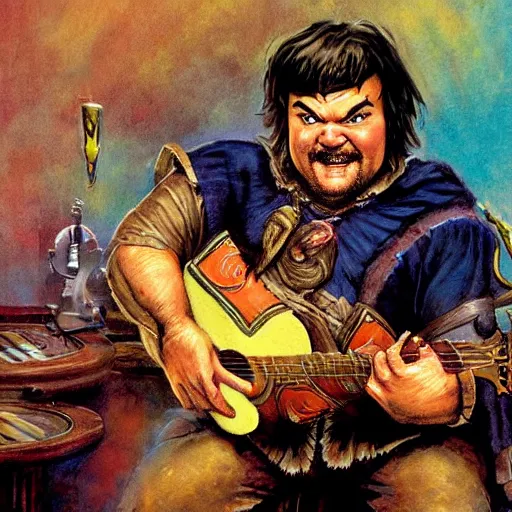 Image similar to D&D character jack black as bard in a tavern playing a bad song designed by Bruce Pennington painted by Ed Emshwille Graphic novel