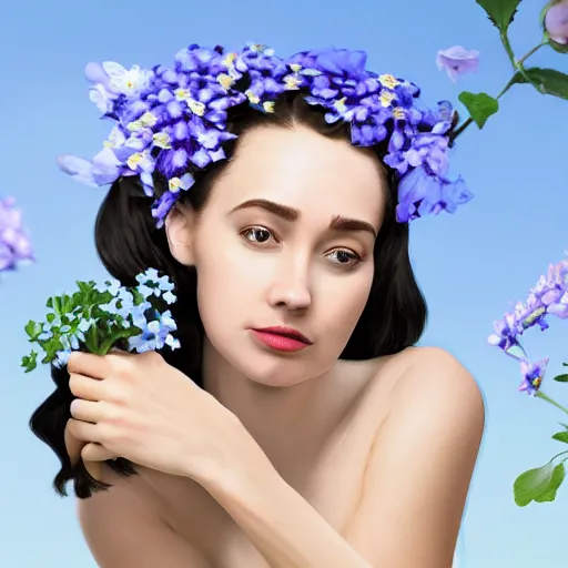 Image similar to a portrait of a romantic woman with flowers grow out of hair, roses peonies forget-me-nots dahlias lupins gladioli, sky theme in background, 35mm Photograph, 4K Resolution, Digital Art, Trending on artstation