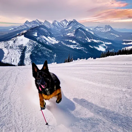 Image similar to german shepard dog skiing down edith cavel mountain, edith cavel, alberta mountain, rocky mountain, mountain, in the disney cartoon style, high definition, bright colours,