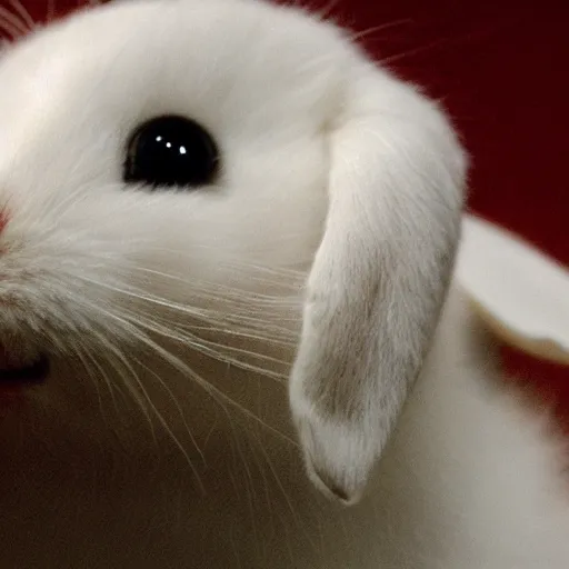 Prompt: a white rabbit sitting on top of a bed with it's eyes closed and it's head turned to look like it's smiling