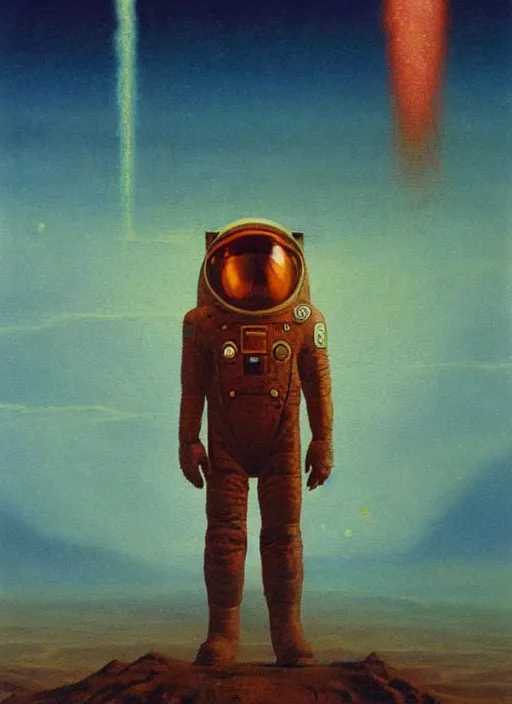 Image similar to A painting in a style of Beksinski featuring Elon Musk on mars. There is a group of rocket in the sky. Very detailed, symmetry