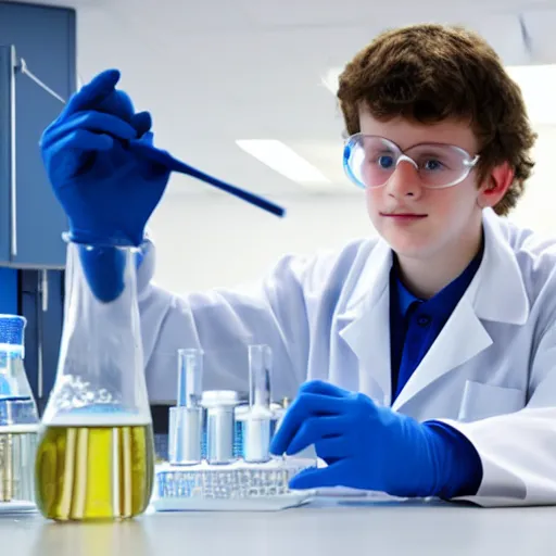 Prompt: 14 yo scientist doing science in a lab.