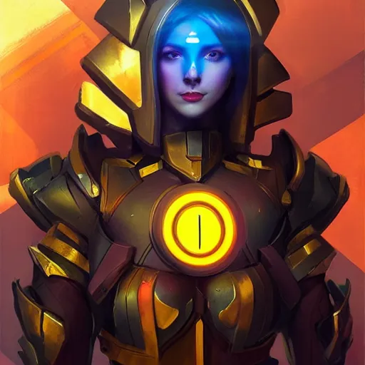 Image similar to dmt deity illuminated being of seven directions, portrait painting of armored quinn as overwatch character, medium shot, asymmetrical, profile picture, organic painting, sunny day, matte painting, bold shapes, hard edges, street art, trending on artstation, by huang guangjian and gil elvgren and sachin teng