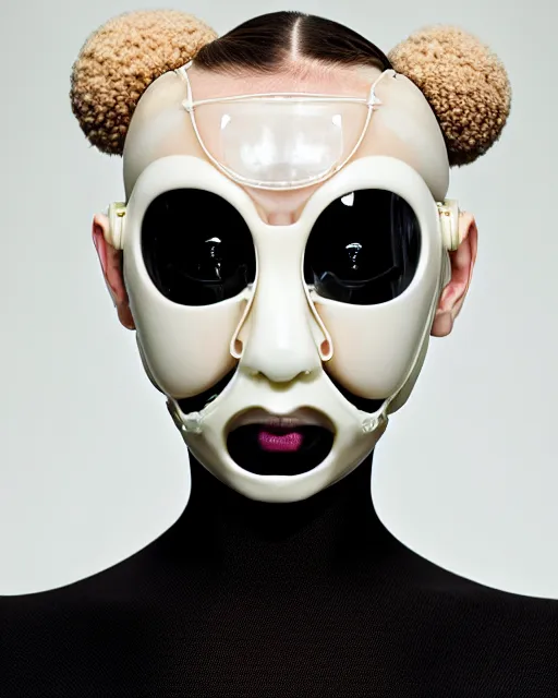 Image similar to symmetrical portrait of a woman wearing a embroidered translucent silicone mask and white frizzy hair buns, wearing a black bodysuit by alexander mcqueen, cream white background, soft diffused light, biotechnology, humanoide robot, bjork aesthetic, translucent, by rineke dijkstra, intricate details, highly detailed, masterpiece,