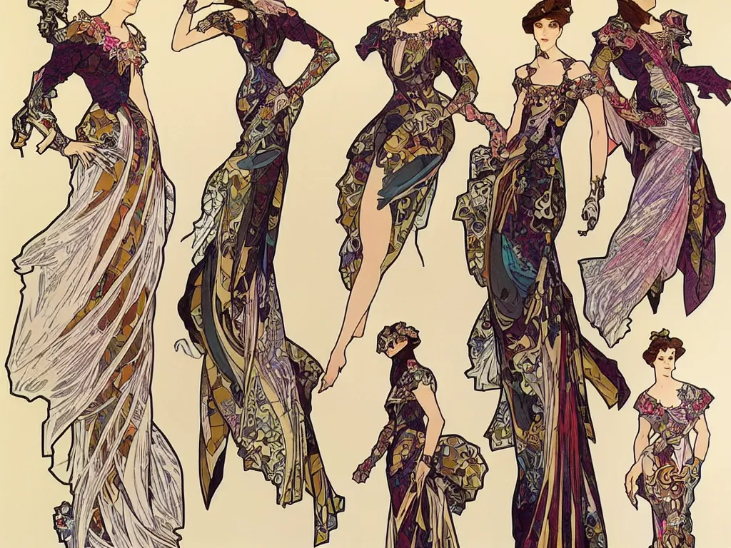 Image similar to 4 elegant full length spider horse dress designs with natural history prints designed by alphonso mucha