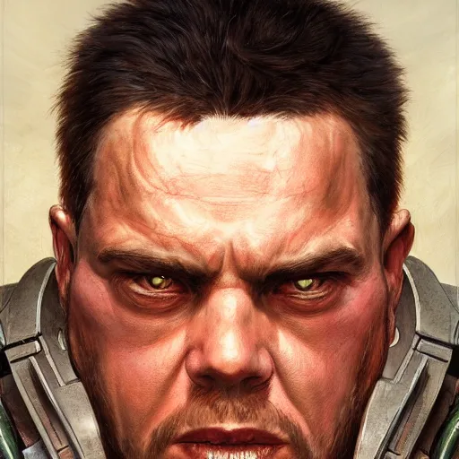 Image similar to the doomguy as a realistic fantasy d & d character, closeup portrait art by donato giancola and greg rutkowski, realistic face, digital art, trending on artstation