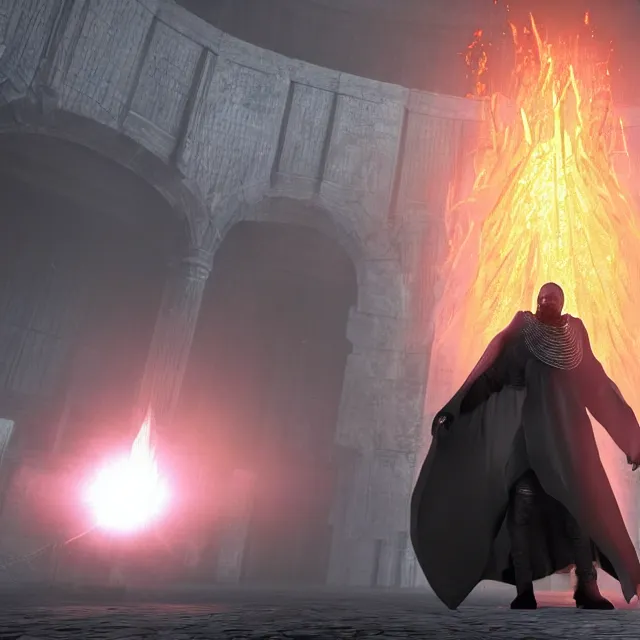 Image similar to yeezus era kanye reimagined as a boss in dark souls, dark cinematic, volumetric, realistic, cinematic lighting, ray tracing, unreal engine 5, unreal engine render, octane render, hyper realistic, photo, 8 k