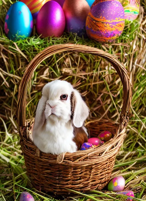 Image similar to a 3 5 mm photo of a holland lop sitting in an easter basket full of colorful easter eggs, bokeh, canon 5 0 mm, cinematic lighting, film, photography, golden hour, depth of field, award - winning, art by greg rutkowski, maxfield parrish and alphonse mucha