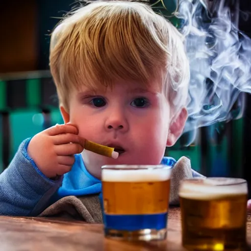 Image similar to Toddler smoking a cigarette and drinking his favorite pint in a pub after a hard day of toddling