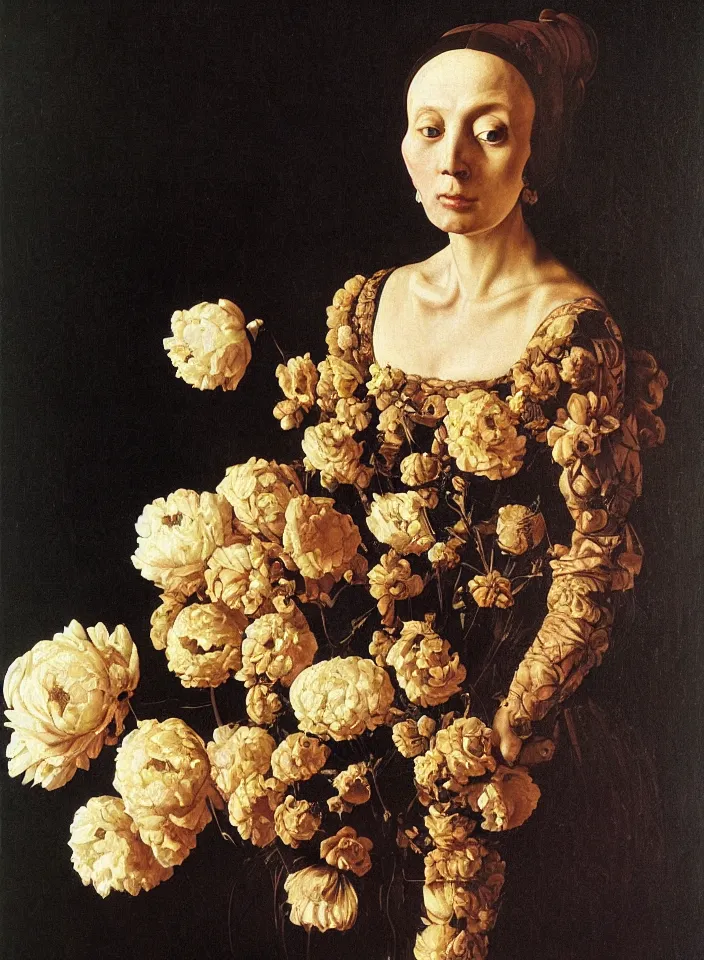 Prompt: portrait of a woman with a golden skull instead of a head in a dress of big peony petals, oil painting in a renaissance style , very detailed, painted by Caravaggio.