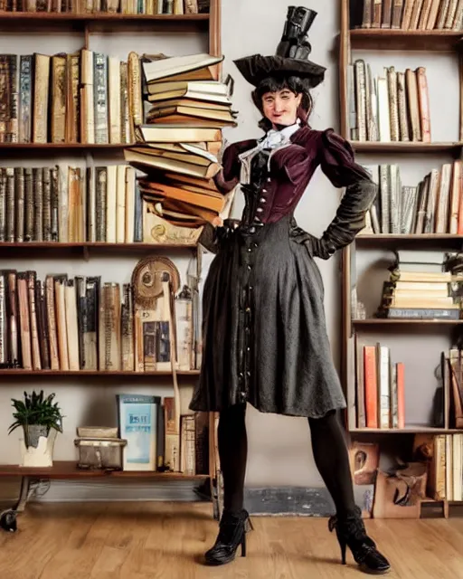 Image similar to a steampunk female maid holding a stack of books, standing in a steampunk reading room, bookshelf.