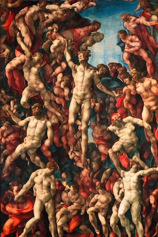 Image similar to a scene of a movie of michelangelo antonioni in the style of the last judgement by michelangelo. technicolor, grandiose, cinematic, 5 0 mm, highly detailed, romantic