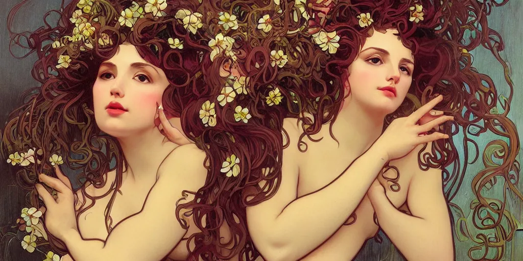 Image similar to a portrait of a very seductive young woman, hair full of gigantic flowers and octopus tentacles, photoillustration, realistic, closeup, facing the camera, dark, dramatic lighting, in the style of WLOP and Alphonse Mucha and Caravaggio