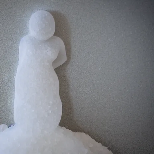 Prompt: salt sculpture made of salt shaped like a 30 year old woman in ancient Canaanite clothing, cracked desert background. somber. haunting. 40mm lens, shallow depth of field, split lighting