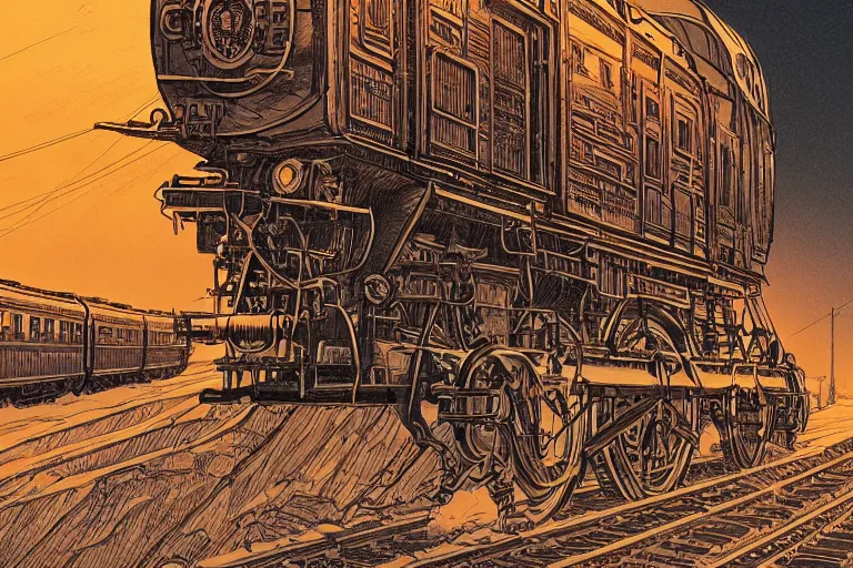 Image similar to trans - siberian express train ultrafine drawing by joe fenton and syd mead and p. craig russell and barry windsor - smith, artstation, 4 k, graphic novel, concept art, matte painting, beautiful russian winter landscape sunset background, golden hour, art nouveau, sharp