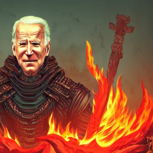 Image similar to Joe Biden sitting on a throne of skulls surrounded by fire, digital painting, highly detailed, trending on Artstation