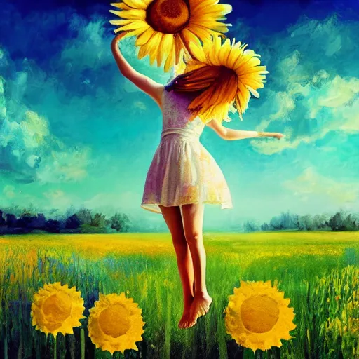 Prompt: head made of giant daisies, girl standing barefoot in a flower field, arms out stretched, surreal photography, sunrise dramatic light, impressionist painting, colorful clouds, large sky, digital painting, artstation, simon stalenhag, flower face