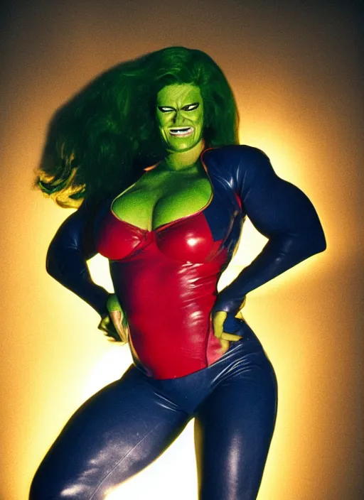 Image similar to a color photo portrait of she hulk in la by terry richardson, dramatic lighting, 7 5 mm lens, sharp focus.