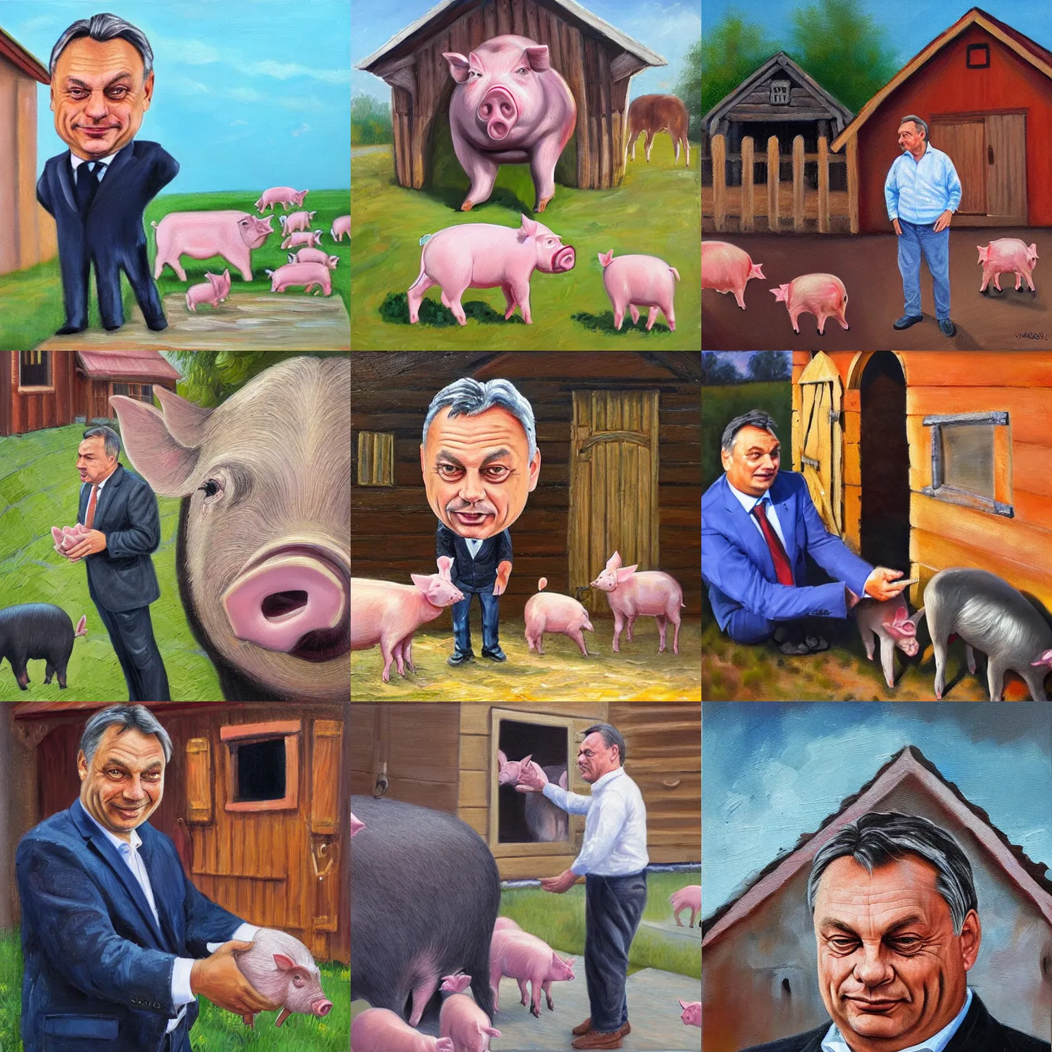 Prompt: viktor orban with highly detailed face greeting the pigs in front of the pig house, oil painting