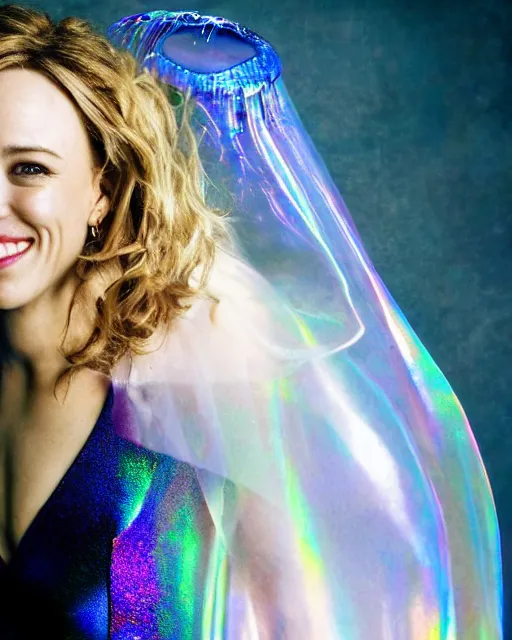 Image similar to annie leibovitz style photoshoot editorial of rachel mcadams as sue storm, the invisible woman from the fantastic four, she is wearing a beautiful iridescent shimmering, glowing jellyfish like wedding dress made from her force field powers, hyperreal, magical, translucent, iridescent, studio lighting, soft focus, bokeh, 5 0 mm