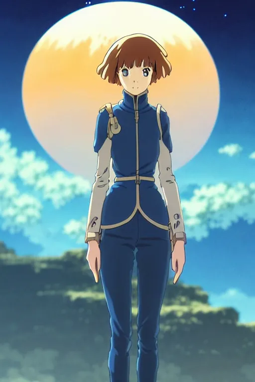 Image similar to anime art full body portrait character nausicaa concept art, anime key visual of elegant young female, brown hair and large eyes, finely detailed perfect face delicate features directed gaze, sunset in a valley, trending on pixiv fanbox, studio ghibli, extremely high quality artwork by hayao miyazaki by kushart krenz